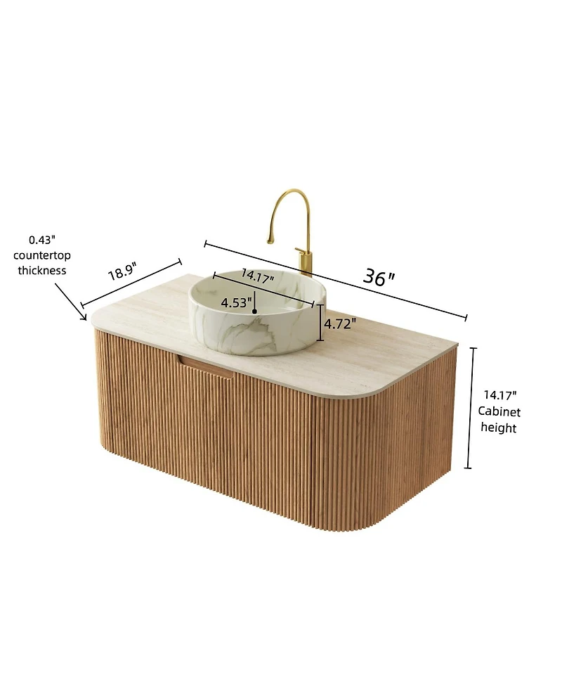 Sillysis Wall Mounted Bathroom Vanity with Sintered Stone Top, Round Ceramic Sink, Wood Grain Drawer