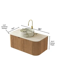 Sillysis Wall Mounted Bathroom Vanity with Sintered Stone Top, Round Ceramic Sink, Wood Grain Drawer