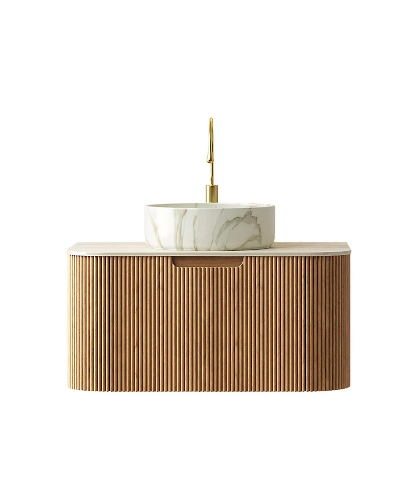 Sillysis Wall Mounted Bathroom Vanity with Sintered Stone Top, Round Ceramic Sink, Wood Grain Drawer