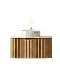 Sillysis Wall Mounted Bathroom Vanity with Sintered Stone Top, Round Ceramic Sink, Wood Grain Drawer