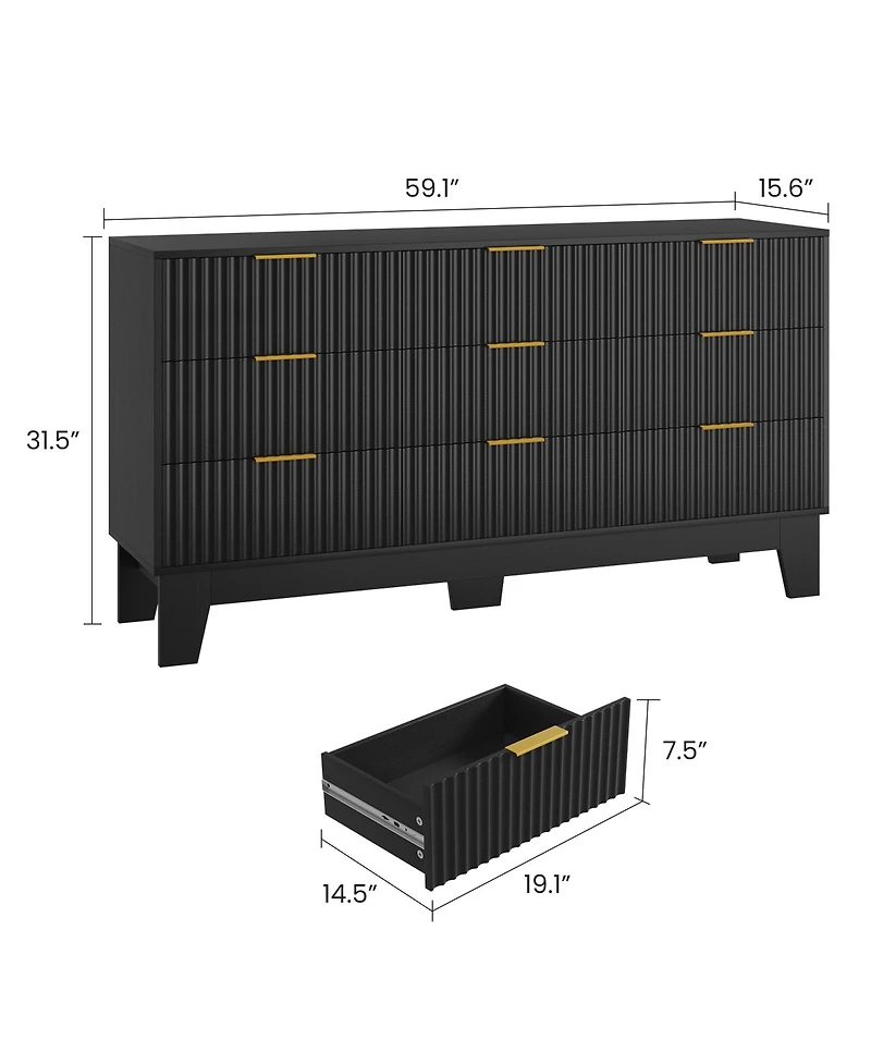 gaomon 9 Drawer Fluted Dresser - Modern Wooden Chest of Drawers with Metal Handle, Clothes Storage Organizer for Bedroom, Hallway, Entryway