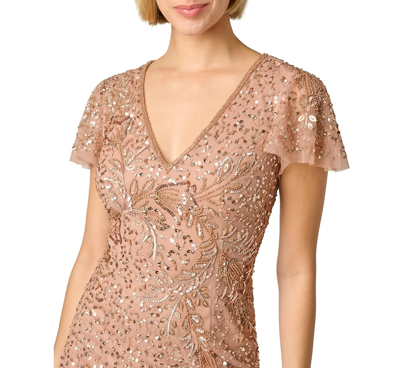 Adrianna Papell Women's Embellished V-Neck Flutter-Sleeve Sheath Dress