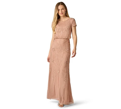 Adrianna Papell Women's Beaded Blouson Boat Neck Gown