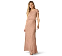 Adrianna Papell Women's Beaded Blouson Boat Neck Gown