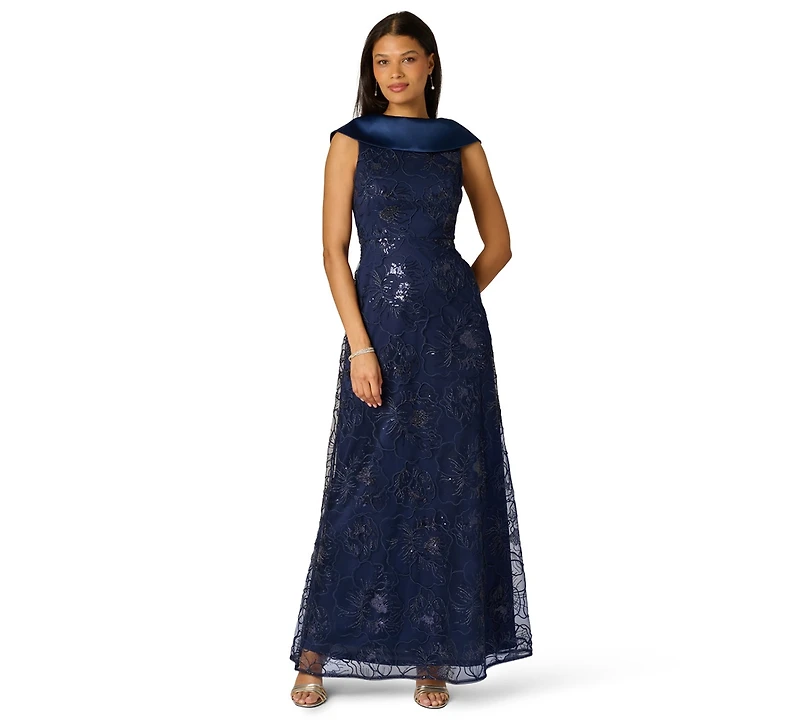Adrianna Papell Women's Embroidered Boat Neck Gown