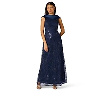Adrianna Papell Women's Embroidered Boat Neck Gown