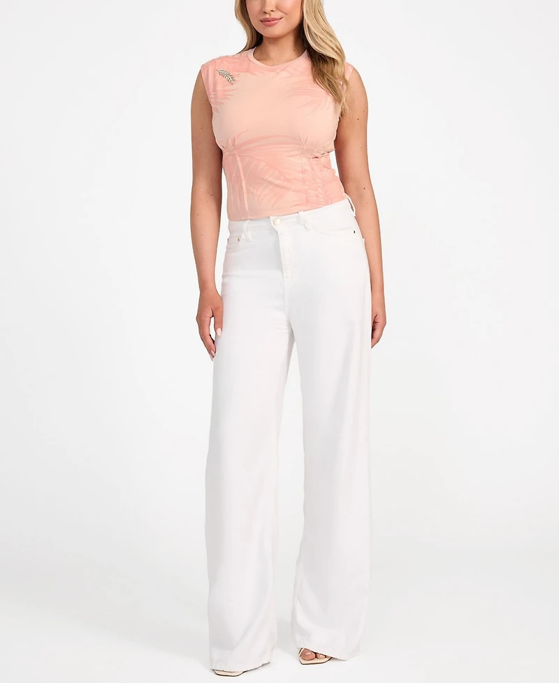 Guess Women's Pleated-Waist Palm-Print Brooch-Detail Top