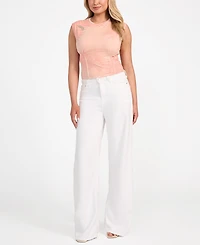 Guess Women's Pleated-Waist Palm-Print Brooch-Detail Top