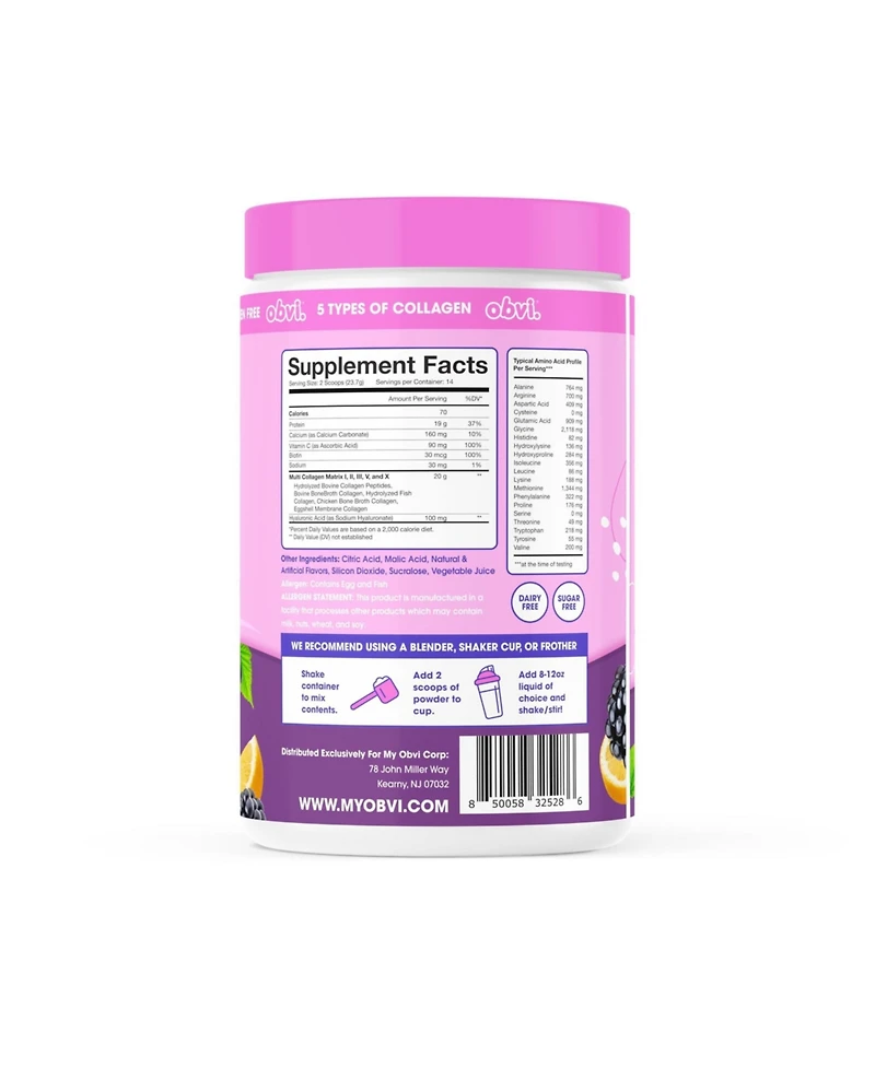 Obvi Multi-Collagen Peptides - Nail, Skin and Hair Support - Hyaluronic Acid, Biotin and Vitamin C - Sugar-Free