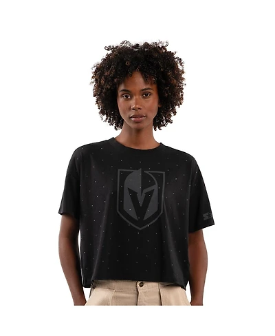 Starter Women's Black Vegas Golden Knights Rhinestone Sprinkle Boxy Cropped T-Shirt