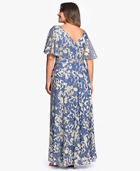 Betsy & Adam Plus V-Neck Foil Printed Gown