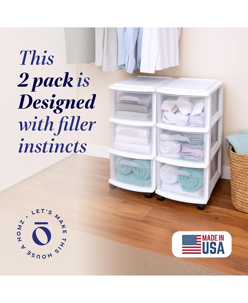 Homz Plastic 3 Drawer Medium Storage Tower, Clear Drawers/Frame (2 Pack)