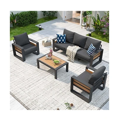 Aoxun Outdoor Patio Conversation Set Durable Aluminum Sofas, Plush Cushions, Wood?Texture Table Weatherproof