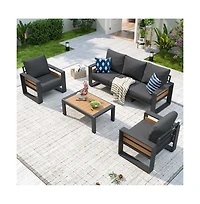 Aoxun Outdoor Patio Conversation Set Durable Aluminum Sofas, Plush Cushions, Wood?Texture Table Weatherproof