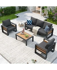 Aoxun Outdoor Patio Conversation Set Durable Aluminum Sofas Plush Cushions Wood Texture Table Weatherproof