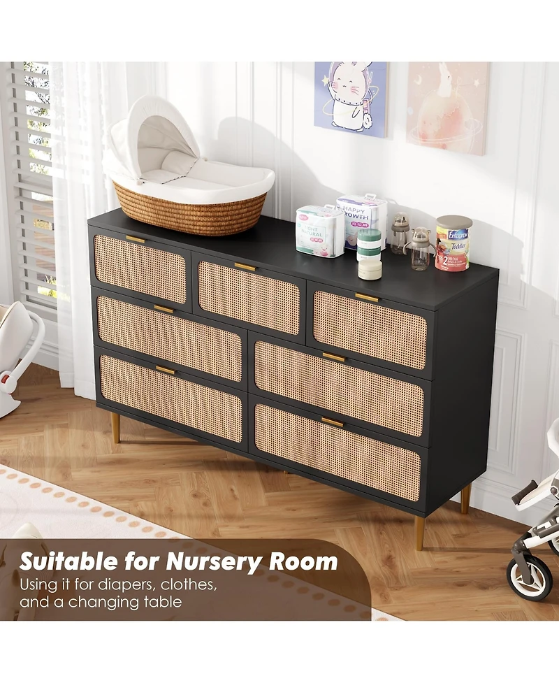 homfan Rattan 5-Drawer Tall Dresser, Wooden Chest with Deep Drawers and Wide Top for Bedroom, Living Room Hallway