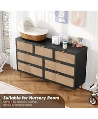 homfan Rattan 5-Drawer Tall Dresser, Wooden Chest with Deep Drawers and Wide Top for Bedroom, Living Room Hallway