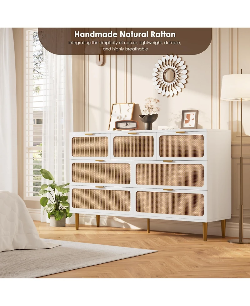 homfan Rattan 5-Drawer Tall Dresser, Wooden Chest with Deep Drawers and Wide Top for Bedroom, Living Room Hallway