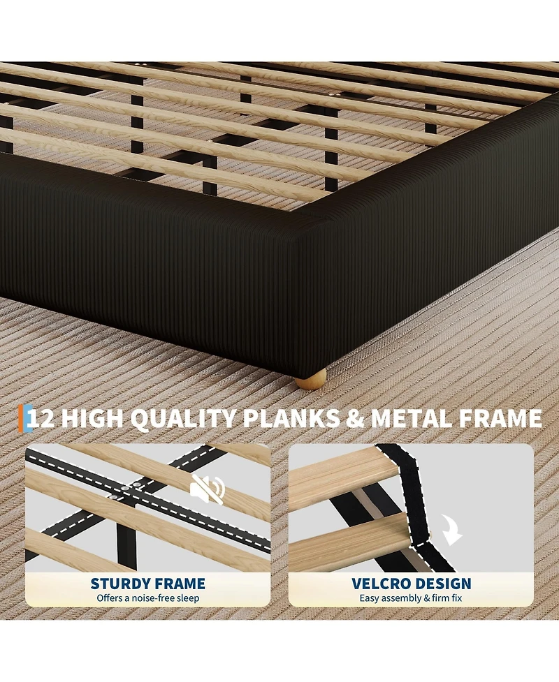 homfan Upholstered Low Platform Bed Frame with Round Wood Legs, No Headboard, Slat Support
