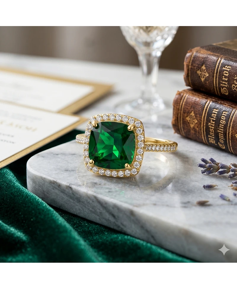 Simona Elegant Square Emerald Halo Cz Ring