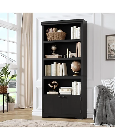 gaomon 5 Tier Bookshelf Farmhouse Bookcase with 2 Doors Adjustable Shelves Anti-Slip for Home Office Living Room, Study