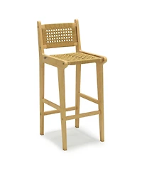 Slickblue Outdoor Teak Wood Bar Stool with Rattan Seat and Backrest