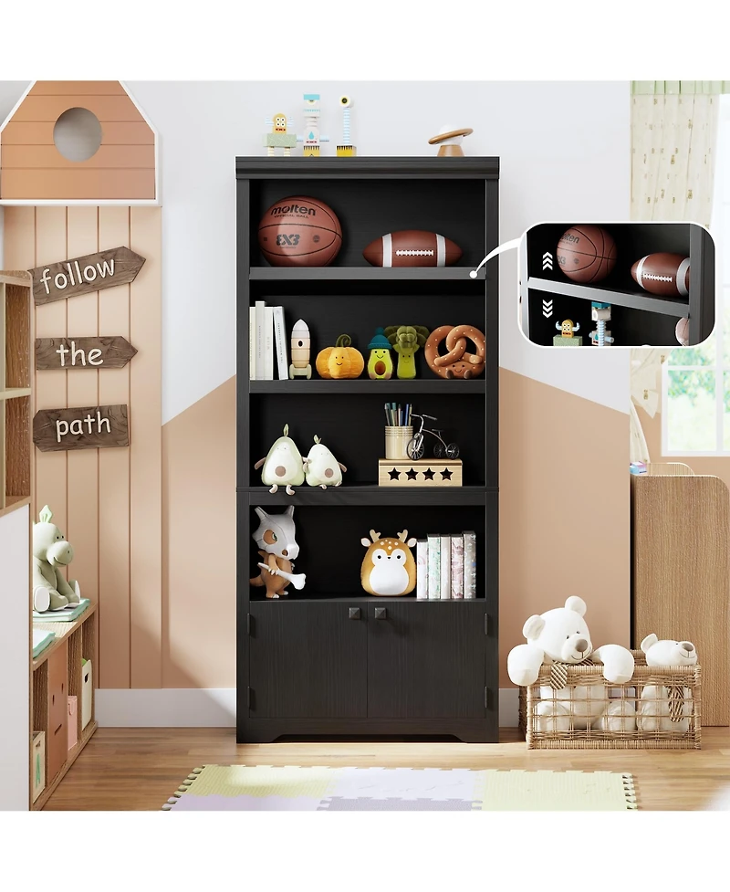gaomon 5 Tier Bookshelf Farmhouse Bookcase with 2 Doors Adjustable Shelves Anti-Slip for Home Office Living Room, Study
