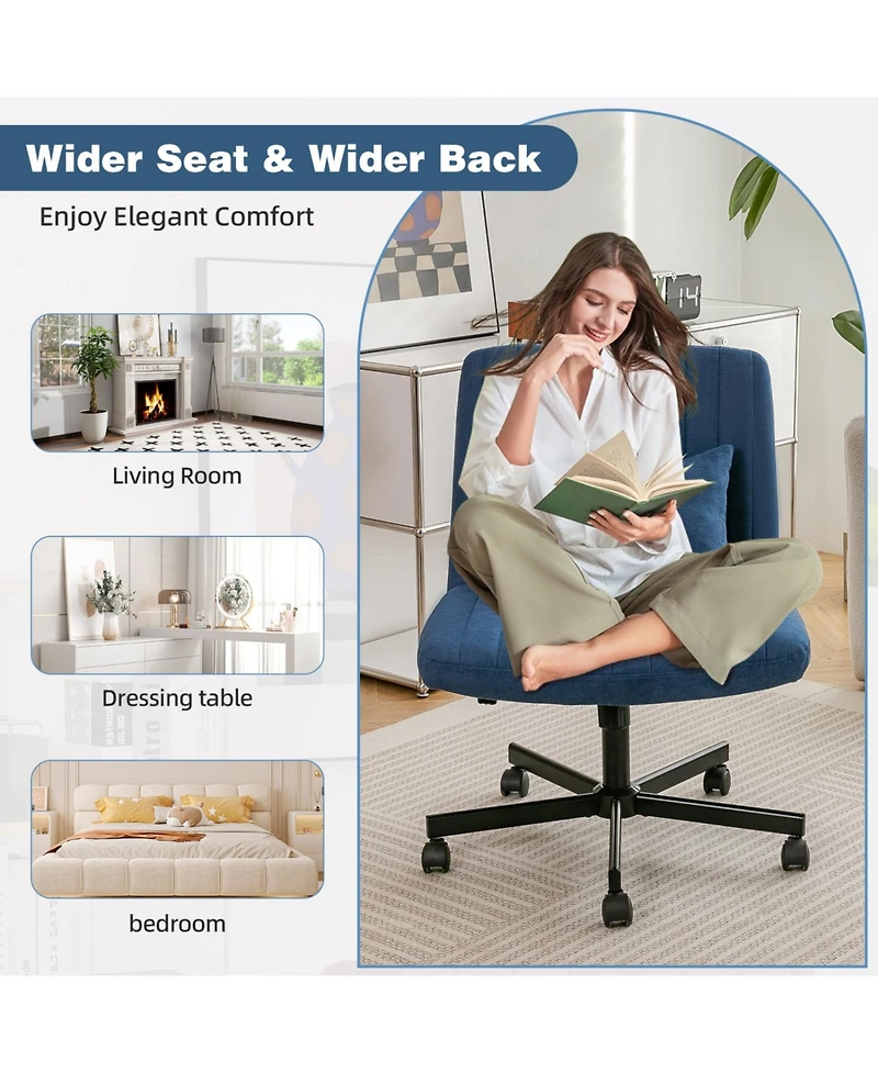 Rainsken Linen Cross Legged Office Chair, with Wheels and Adjustable Flip-Arms, for Home Office, Apartment, Criss Chair