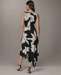 Donna Karan New York Women's Sleeveless Floral Cowl Neck Asymmetrical Midi Dress