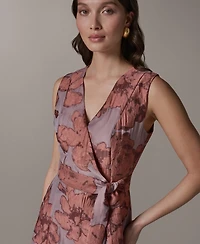 Donna Karan New York Women's Sleeveless Jacquard Faux Wrap V-Neck Floral Midi A-Line Dress