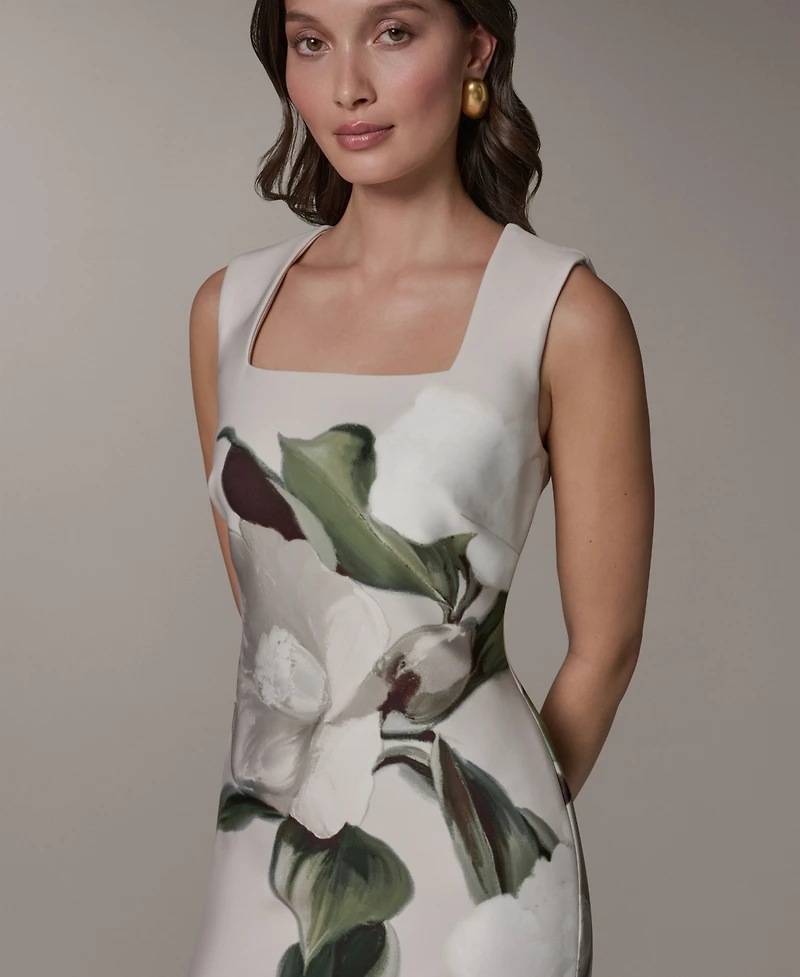Donna Karan New York Women's Sleeveless Square Neck Placement Floral Print Midi Sheath Dress