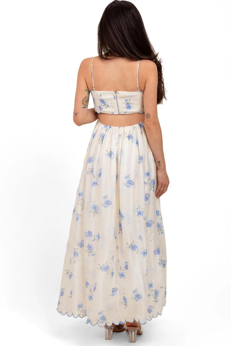 Pinkblush Maternity Blue Floral Scallop Edge Back Cutout Maxi Dress