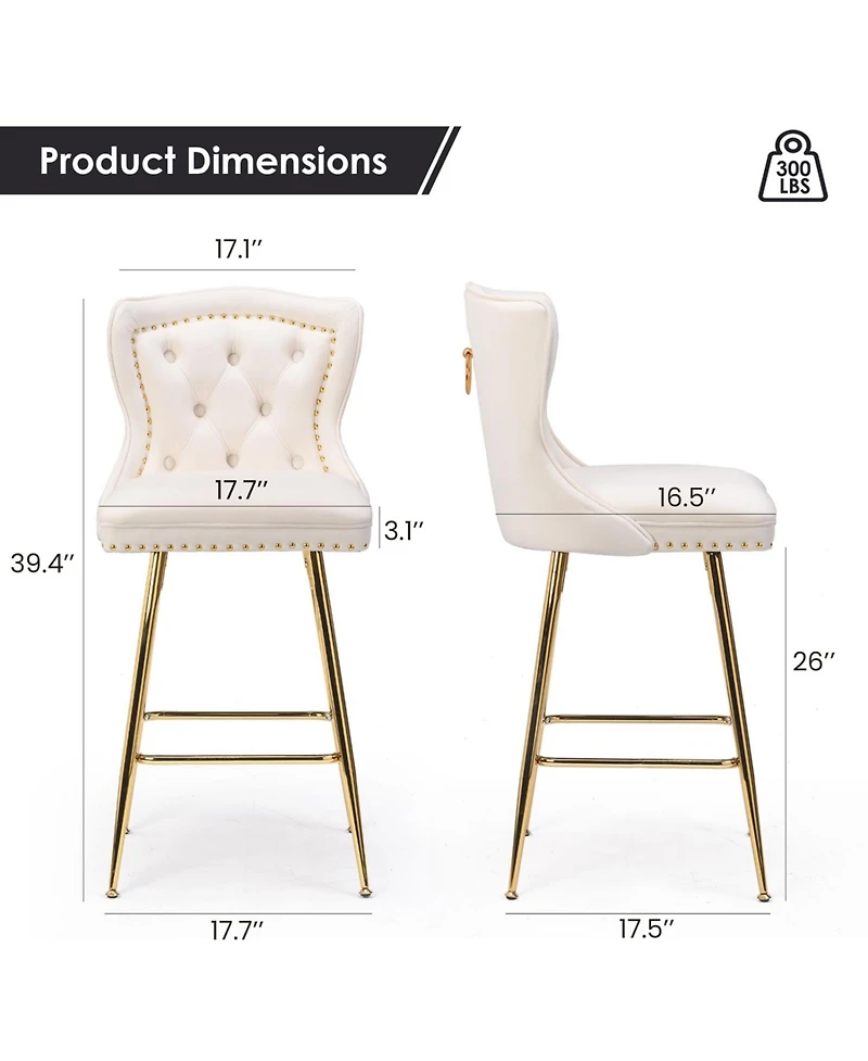 Rainsken Bar Stools Set of 2, Velvet Counter, Button Tufted and Nailheads Trim, with Metal Legs, for Kitchen Island Dining Room Pub