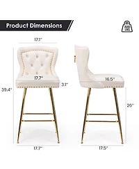 Rainsken Bar Stools Set of 2, Velvet Counter, Button Tufted and Nailheads Trim, with Metal Legs, for Kitchen Island Dining Room Pub
