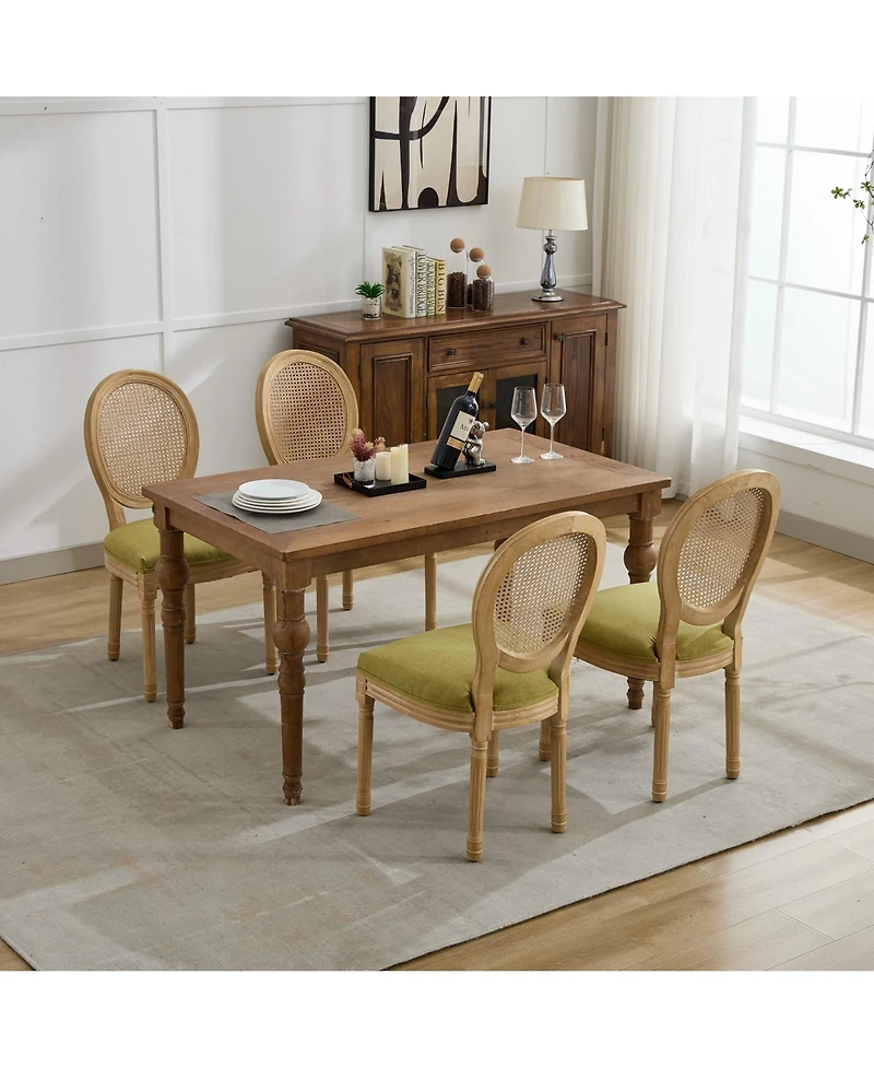 Clihome French Style Solid Wood Frame Antique Painting Linen Fabric Rattan Back Dining Chair,Set of 2