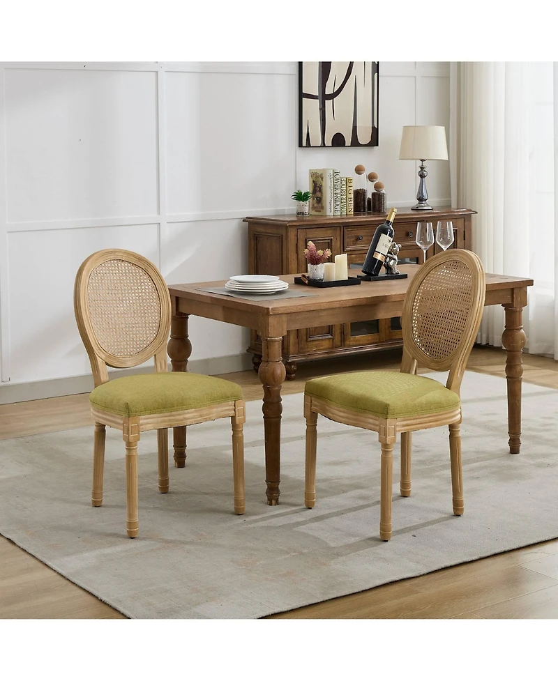 Clihome French Style Solid Wood Frame Antique Painting Linen Fabric Rattan Back Dining Chair,Set of 2
