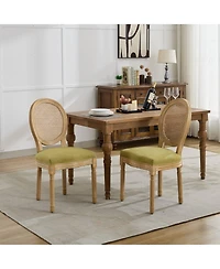 Clihome French Style Solid Wood Frame Antique Painting Linen Fabric Rattan Back Dining Chair,Set of 2