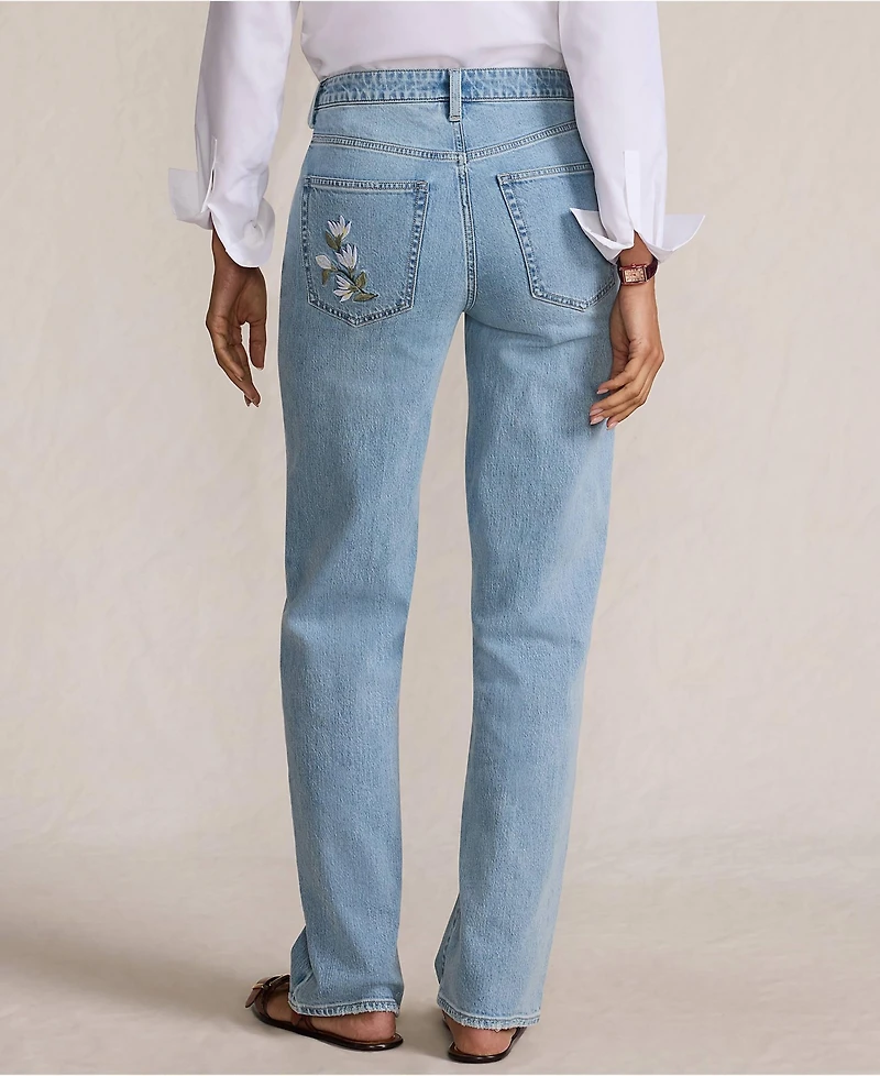 Lands' End Petite Soft Denim Mid Rise Relaxed Straight Leg Embroidered Jeans