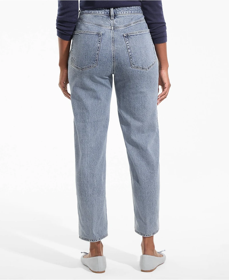 Lands' End Petite Soft Denim Mid Rise Relaxed Straight Crop Patchwork Jeans