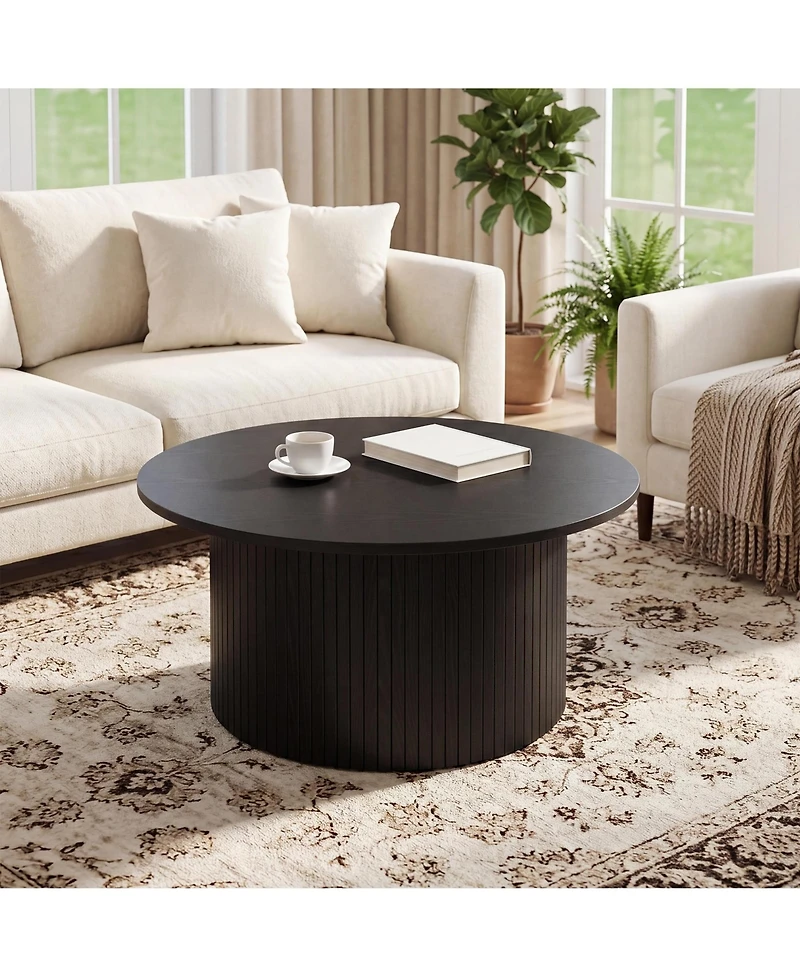 gaomon Modern Fluted Coffee Table Round Accent with Metal Frame, Walnut Finish - Mid-Century Design