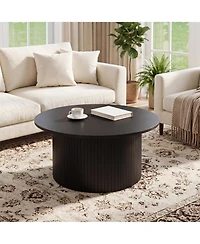 gaomon Modern Fluted Coffee Table Round Accent with Metal Frame, Walnut Finish - Mid-Century Design