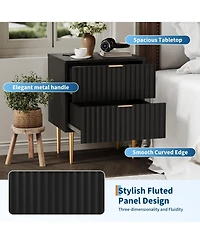 homfan Set of 2 Modern Fluted Nightstands, Built-in Usb Charging Station and Power Outlets, Drawers, Gold Wood Accents for Bedroom, Living Room