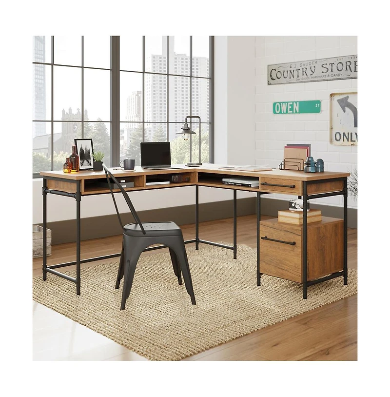Sauder Iron City L Desk, Checked Oak finish