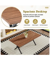 Rainsken 71" 35.4" Dining Table for 6-8 People - Mdf Splicing Desktop, X-Shaped Metal Frame, with Storage Shelves Room