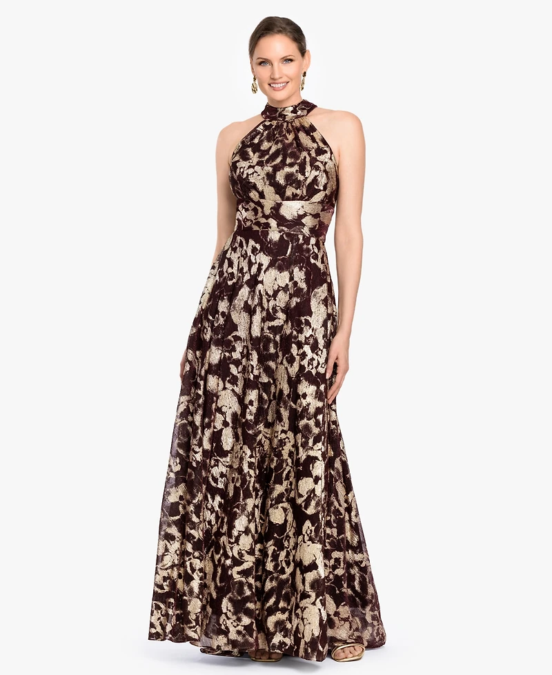 Betsy & Adam Women's Foil Halter Neck Gown