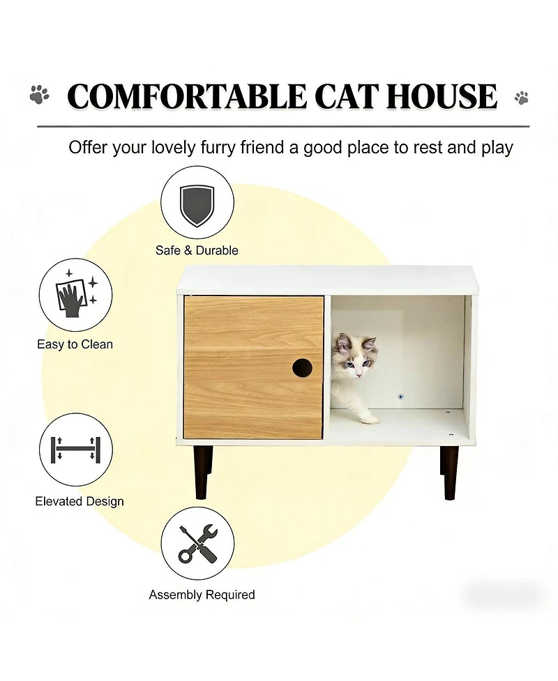 6thdruple Elevated Wooden Cat House, Modern White Pet Condo with Cushion and Airy Access Holes