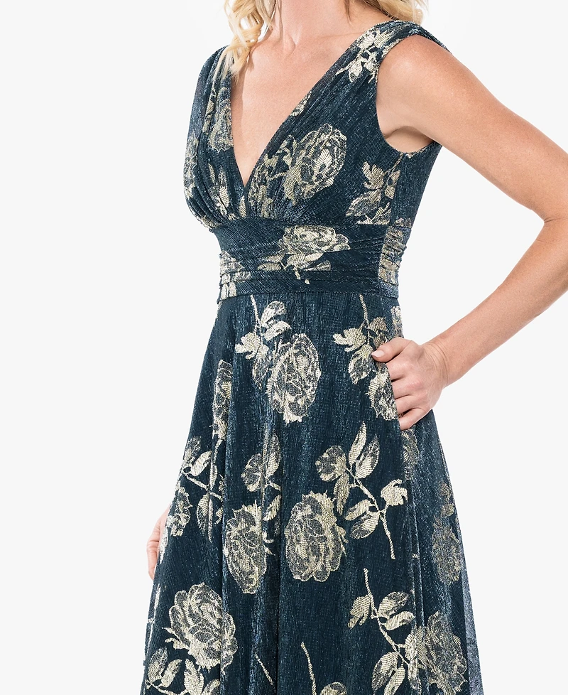 Betsy & Adam Women's Sleeveless V-Neck Metallic Floral Gown
