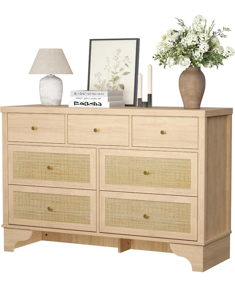 gaomon Spacious 7 Drawer Dresser, Mid-Century Wooden Storage Chest with Rattan Panels