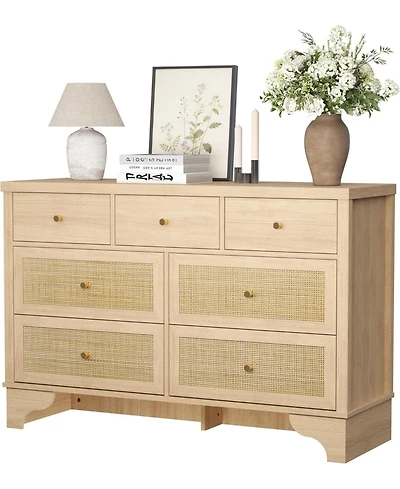 gaomon Spacious 7 Drawer Dresser, Mid-Century Wooden Storage Chest with Rattan Panels