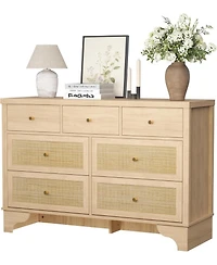 gaomon Spacious 7 Drawer Dresser, Mid-Century Wooden Storage Chest with Rattan Panels